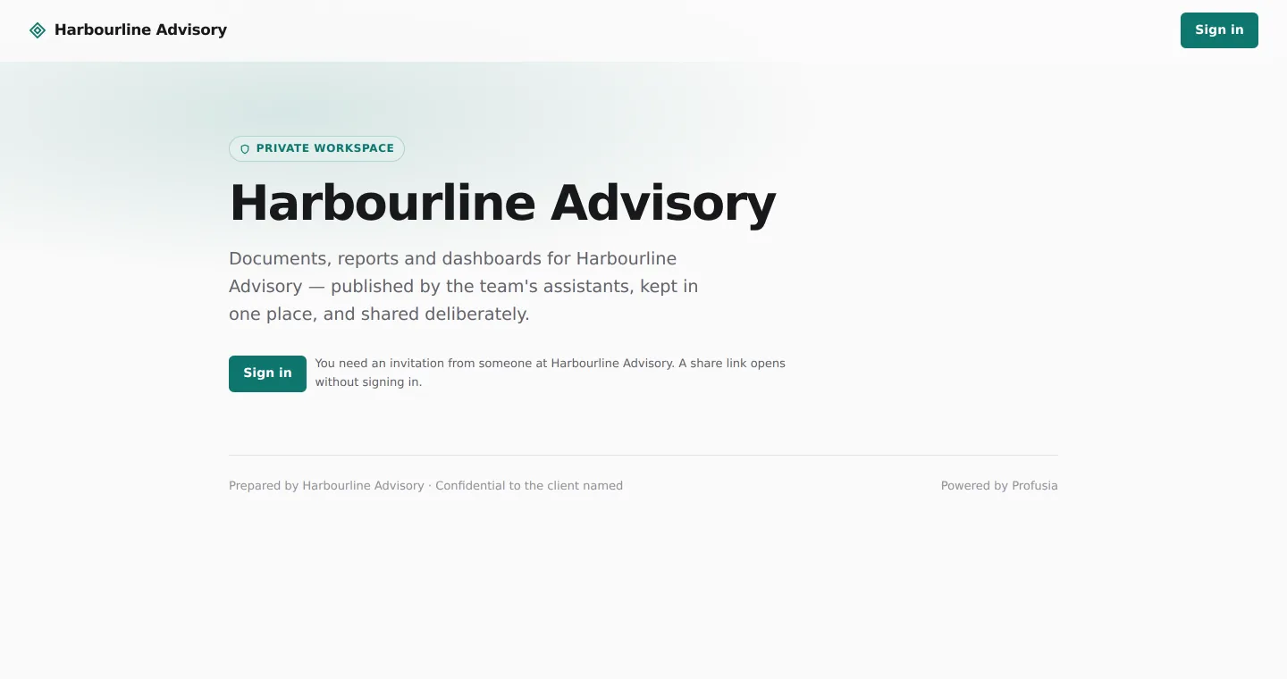 A workspace's own subdomain as a stranger sees it: the company's name, its colors, and a sign-in